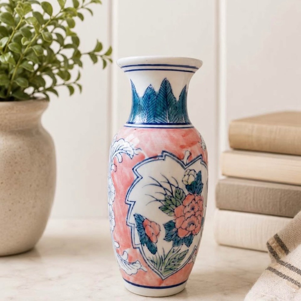 Vintage Hand-Painted Porcelain Floral Vase 9" Pink & Blue Chinoiserie Style Vase